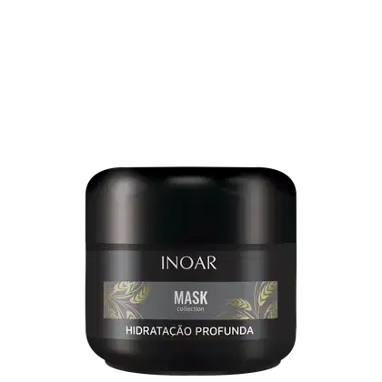 Máscara capilar da linha Mask Collection da marca Inoar. Formato cilíndrico e tampa preta. O rótulo frontal apresenta o nome da marca "INOAR" em letras brancas, a inscrição "Mask collection" em dourado e "HIDRATAÇÃO PROFUNDA" em letras brancas maiores.