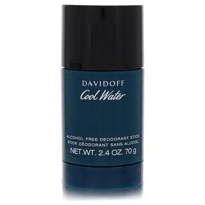 Desodorante em barra da marca Davidoff, na cor azul escuro, com rótulo em branco contendo o nome "Cool Water" e informações sobre o produto, como "Álcool Free" e o peso líquido de 2,4 oz (70g).