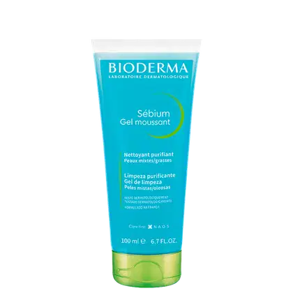 Frasco de gel de limpeza purificante Bioderma Sébium, com embalagem em tons de azul e verde, contendo 100 ml do produto.