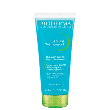 Frasco de gel de limpeza purificante Sebium da Bioderma, com 200 ml, em embalagem com predominância de cores azul e verde, indicado para peles mistas/oleosas.