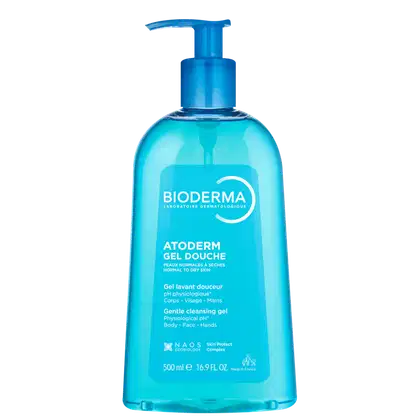 Frasco de gel de limpeza suave Atoderm da Bioderma, com bomba doseadora, em tonalidade azul turquesa. Rótulo com nome da marca e indicação de uso para pele normal a seca.