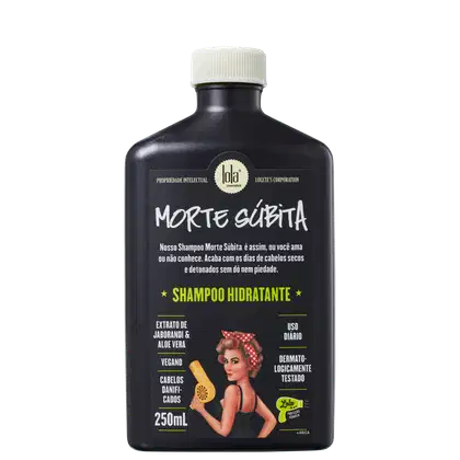 Frasco preto de shampoo hidratante "Morte Súbita" da marca Lola From Rio, com rótulo destacando ingredientes.