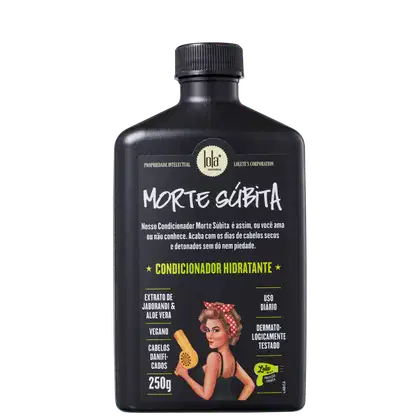 Frasco preto de condicionador capilar "Morte Súbita" da marca Lola From Rio, com rótulo destacando ingredientes.