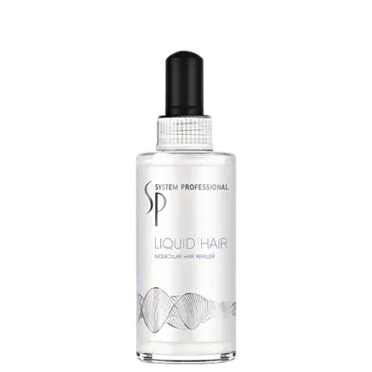 Frasco com rótulo branco e preto exibindo o nome "SYSTEM PROFESSIONAL LIQUID HAIR" e a descrição "Molecular Hair Refiller".