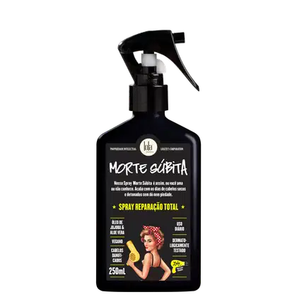 Frasco preto com rótulo em preto e branco, contendo um spray de reparação total chamado "Morte Súbita" da marca Lola From Rio, com informações sobre os ingredientes e uso diário.