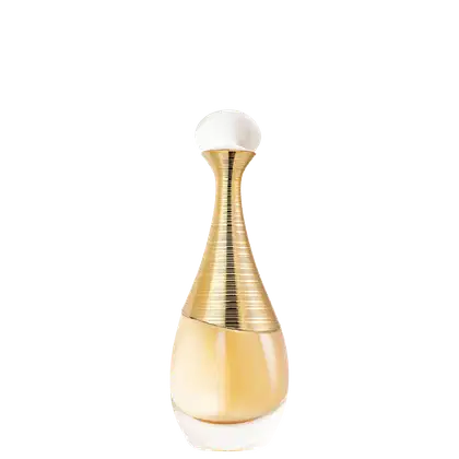Frasco de perfume Dior J'adore Dior com formato de gota dourado e brilhante, com tampa branca redonda. Embalagem elegante e sofisticada, com design minimalista e linhas onduladas.