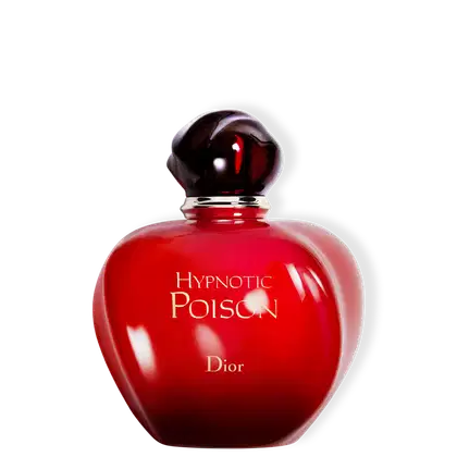 Perfume em frasco de vidro vermelho brilhante com formato arredondado que lembra uma maçã e tampa preta lustrosa. O nome "Hypnotic Poison" e a marca "Dior" escritos em letras douradas. Tem uma aparência luxuosa, sugerindo um aroma sedutor e envolvente.