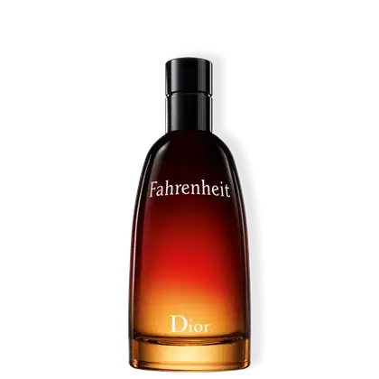 Perfume em frasco de vidro presenta uma gradação de cores que vai do vermelho escuro na parte superior ao laranja claro na parte inferior, e tampa preta. Na parte frontal do frasco, está impresso o nome "Fahrenheit" em letras brancas.
