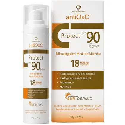Protetor solar antioxidante Cosmobeauty antiOxC com FPS 90, embalagem plástica branca e laranja, com rótulo destacando propriedades como proteção antienvelhecimento e danos solares, toque seco e nutritivo.