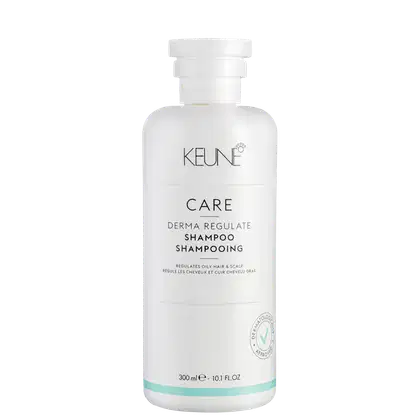 Frasco branco da linha Care da Keune, contendo Shampoo Derma Regulate, que regula cabelos e couro cabeludo oleosos, com rótulo em preto e verde.