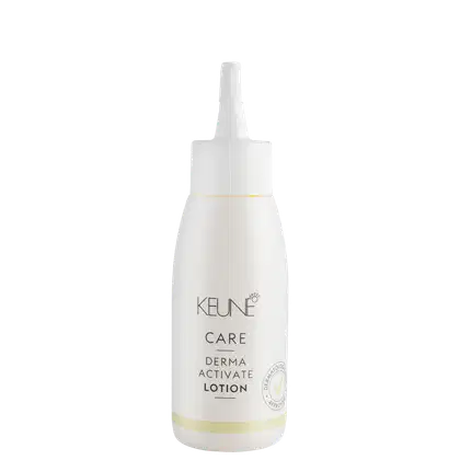 Frasco branco de loção ativadora Keune Care Derma Activate, com rótulo em preto e amarelo, apresentando informações sobre o produto.