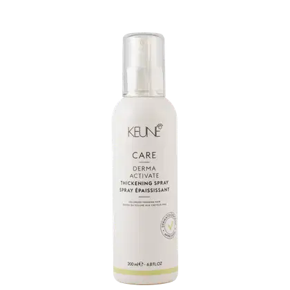 Frasco branco de 200 ml da linha Care da Keune, contendo o Spray Ativador de Espessura Derma Activate. O rótulo apresenta o nome do produto e sua função de volumizar os fios finos.