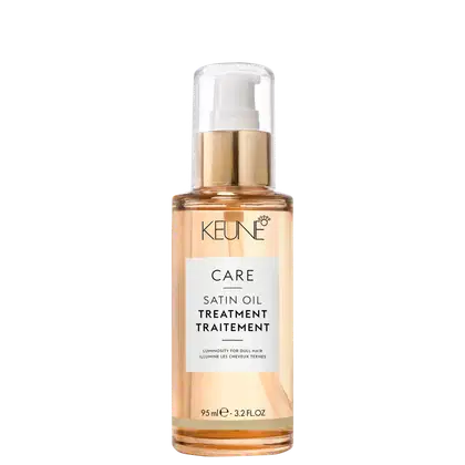 Frasco de tratamento de óleo de seda da linha Care da Keune, com bomba doseadora, em tonalidade dourada e branca, contendo 95 ml do produto.