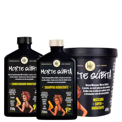 Três produtos da marca Lola From Rio: um condicionador, um shampoo e uma máscara capilar, todos em embalagens pretas com detalhes amarelos e imagens de mulheres com penteados retrô.