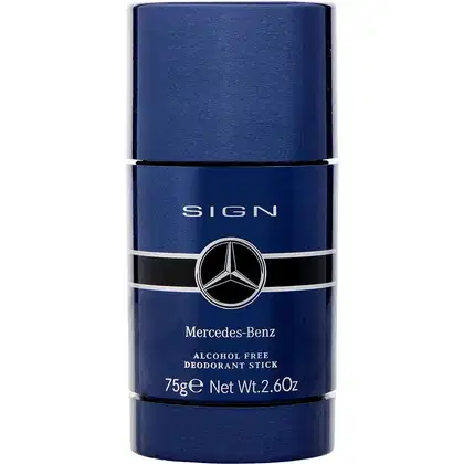 Desodorante em bastão da marca Mercedes-Benz, em embalagem azul escura com detalhes em preto e o logotipo da marca. O produto é descrito como álcool free e possui 75g de peso líquido.
