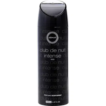 Frasco de perfume corporal preto com rótulo "Club de Nuit Intense" da marca Armaf. O frasco possui formato arredondado e tampa preta brilhante. 