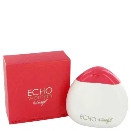 Frasco de gel de banho Davidoff Echo Woman, com embalagem vermelha e branca, contendo 200 ml do produto. O rótulo exibe o nome "Echo Woman" em destaque.