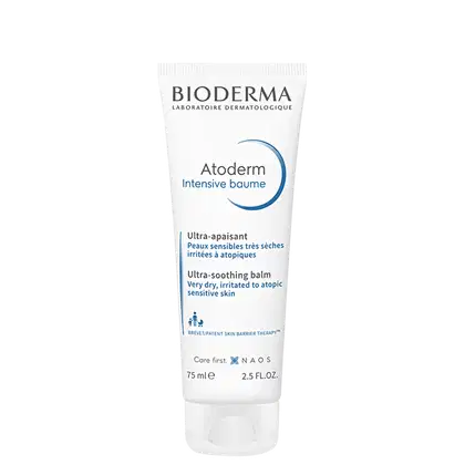 Tubo branco da marca Bioderma contendo o produto Atoderm Intensive baume, um bálsamo ultra-suavizante para peles muito secas e irritadas a atópicas.