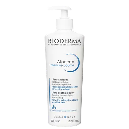 Frasco branco de 500 ml da linha Atoderm Intensive Baume da Bioderma, um bálsamo ultra-suavizante para peles muito secas e irritadas a atópicas.