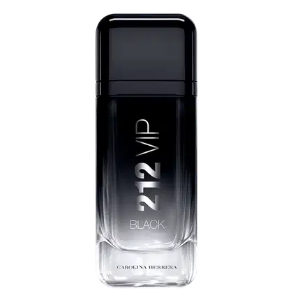 Frasco preto e transparente do perfume masculino 212 VIP Black da Carolina Herrera, com o nome do produto e da marca em destaque.