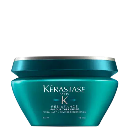 Frasco de máscara terapêutica da linha Resistance da Kérastase, com embalagem em tons de azul e verde, contendo 200 ml do produto.