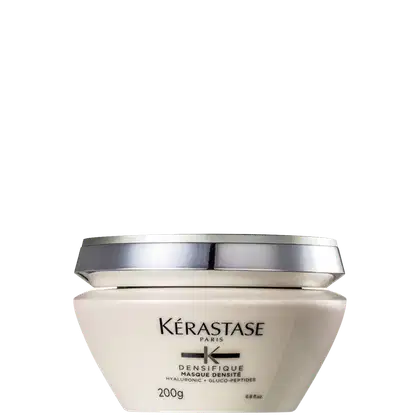Embalagem branca e prata de máscara capilar Kérastase Densifique, com 200g de produto. Rótulo com nome da marca e informações sobre os ingredientes.