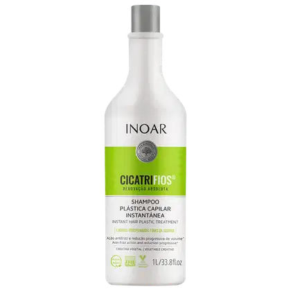 Frasco branco com rótulo verde da linha Cicatrifios da Inoar, contendo shampoo para tratamento capilar instantâneo, com ação antifrizz e redução progressiva de volume.