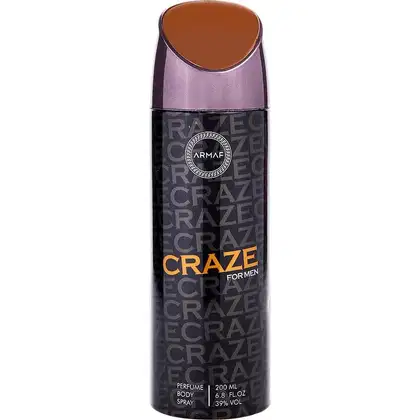 Frasco de perfume corporal masculino da marca Armaf, com design preto e laranja, rótulo com a palavra "Craze" em destaque, embalagem cilíndrica com tampa roxa, contendo 200 ml de produto.