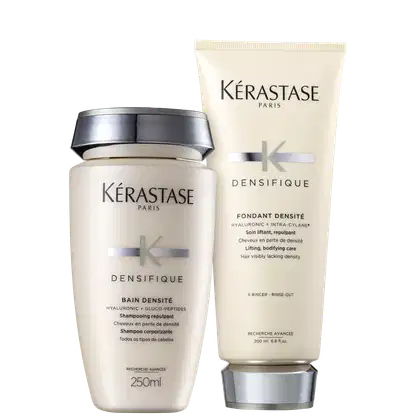 Dois produtos da marca Kérastase Paris: um frasco de Bain Densité, shampoo para cabelos com perda de densidade, e um tubo de Fondant Densité, tratamento lifting e reparador para cabelos com densidade reduzida.