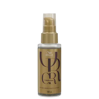 Frasco de óleo para cabelos da linha Oil Reflections da Wella Professionals, com embalagem dourada e prata, contendo 100 ml do produto.