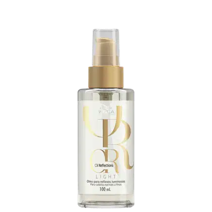 Frasco de óleo Oil Reflections Light da Wella Professionals. Embalagem transparente com tampa dourada, contendo 100 ml do produto.