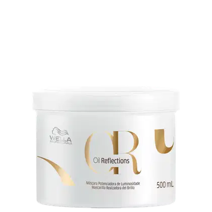 Pote branco com rótulo dourado e preto da linha Oil Reflections da Wella Professionals, contendo 500 ml de máscara potencializadora de luminosidade.