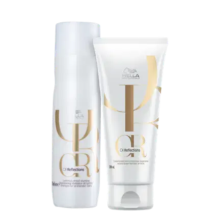 Dois produtos da linha Oil Reflections da Wella Professionals: um frasco branco de shampoo e um tubo branco de condicionador, ambos com detalhes dourados no rótulo.