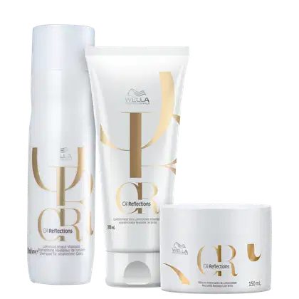 Produtos da linha Oil Reflections da Wella Professionals, incluindo shampoo, condicionador e máscara, em embalagens brancas com detalhes dourados, exibindo o logotipo da marca.
