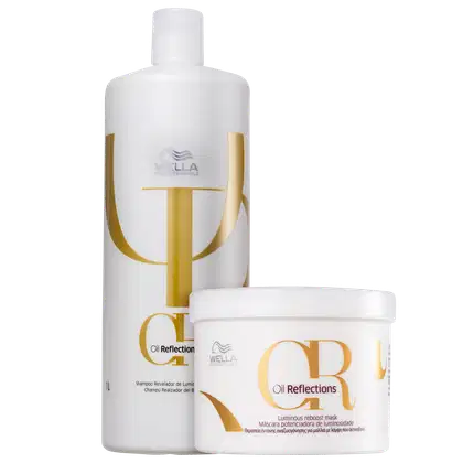 Dois produtos da linha Oil Reflections da Wella Professionals: um frasco branco de 1 litro de shampoo e um pote branco de máscara potencializadora de luminosidade. Ambos apresentam detalhes em dourado no rótulo.