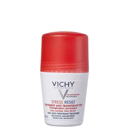 Frasco de desodorante antitranspirante da marca Vichy, na cor vermelha e branca, com rótulo indicando o nome "Stress Resist" e informações sobre o produto.