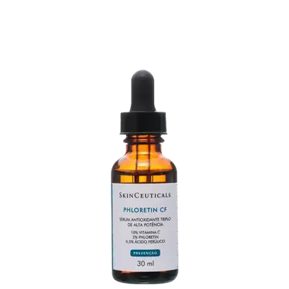 Frasco de vidro âmbar com conta-gotas preto contendo sérum antioxidante Phoretin CF da SkinCeuticals, com 10% de vitamina C, 2% de fórmula de alta potência.