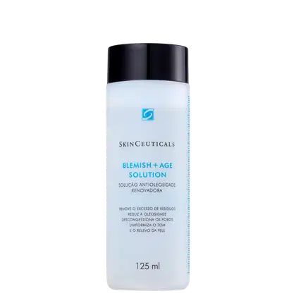 Frasco branco da linha SkinCeuticals Blemish + Age Solution, com rótulo azul e texto em inglês. Produto de 125 ml, destinado a solução antioleosidade, com fórmula renovadora.