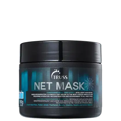 Frasco preto com rótulo azul e branco da marca Truss, contendo a máscara condicionadora "Net Mask" com efeito fibra, reparação capilar inteligente e ingredientes como óleo de linhaça, pantenol e queratina.