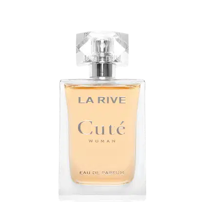 Frasco de perfume La Rive Cute Woman, com design geométrico em vidro transparente e rótulo em tons de laranja e cinza. Embalagem elegante e sofisticada, com informações sobre a fragrância.