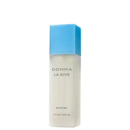 Frasco de perfume da marca La Rive, com embalagem azul e branca, contendo o texto "DONNA LA RIVE" e "woman" em destaque. O produto é apresentado em um formato retangular simples e elegante.