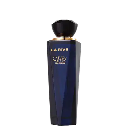 Perfume em frasco de vidro azul escuro com tampa preta. A embalagem tem formato retangular alongado. Na parte frontal do frasco, está escrito "La Rive" em letras douradas e "Miss dream" em letras cursivas douradas abaixo.
