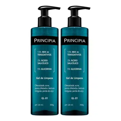 Dois frascos de gel de limpeza Principia, com 350g cada, em embalagem preta e azul-esverdeada. Apresentam rótulos com informações sobre a composição do produto, incluindo 13% de tensoativos, 2% de ácido salicílico e 5% de glicerina.