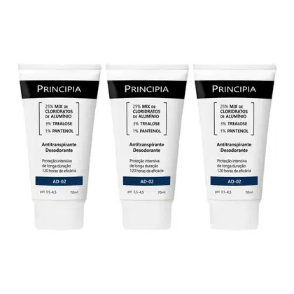 Três tubos de desodorante antitranspirante da marca Principia, com 70ml cada.