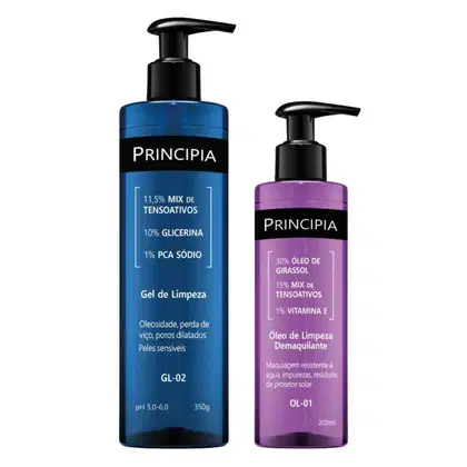 Dois frascos de produtos de beleza da marca Principia. Um frasco azul contém um gel de limpeza com mix de tensoativos, glicerina e PCA sódio. O outro frasco roxo contém um óleo de limpeza demaquilante com óleo de girassol, mix de tensoativos e vitamina E.