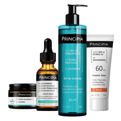 Produtos de beleza da marca Principia, incluindo gel de limpeza, sérum facial, protetor solar e gel hidratante facial.