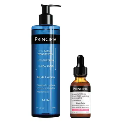 Dois produtos da marca Principia: um frasco de gel de limpeza facial de 350g com informações sobre sua composição e benefícios, e um frasco de sérum facial de 30ml com rótulo indicando seus ingredientes.