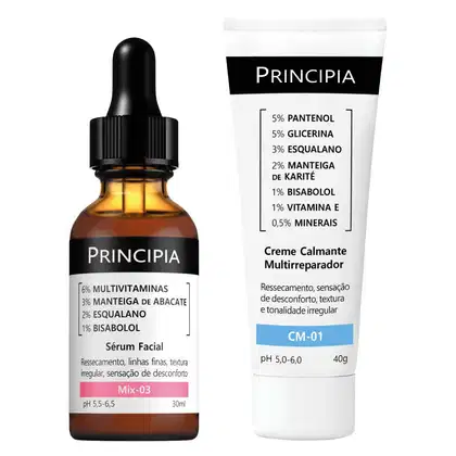 Dois produtos da marca Principia: um sérum facial em frasco conta-gotas marrom e uma creme multirreprador em tubo branco, ambos com rótulos pretos destacando os principais ingredientes e benefícios.