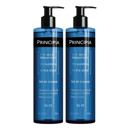 Dois frascos de gel de limpeza Principia, com embalagem azul e preta, contendo informações sobre os ingredientes e características do produto, como 11,5% de tensoativos, 10% de glicerina e 1% de PCA sódio.