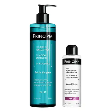 Gel de limpeza Principia com 13% de tensoativos, 2% de ácido salicílico e 5% de glicerina, em embalagem de 350g com bomba dosadora. Água micelar Principia de 200ml, com 45% de tensoativos não iônicos e 1% de ésteres de óleo de oliva.